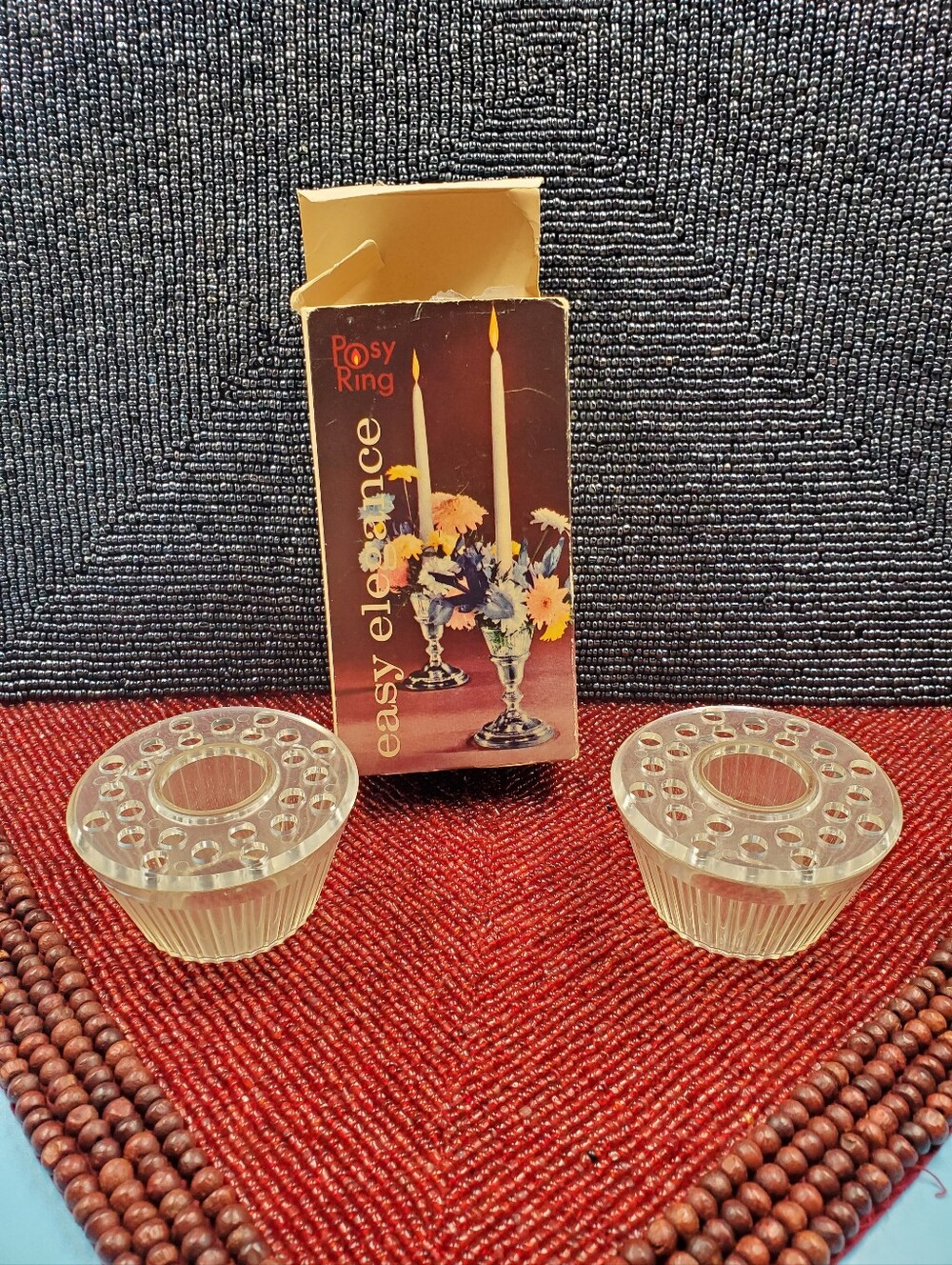 Vintage Posy Ring Pair w Box Flower Frog Floral Candle Holder Mid Century (C21)